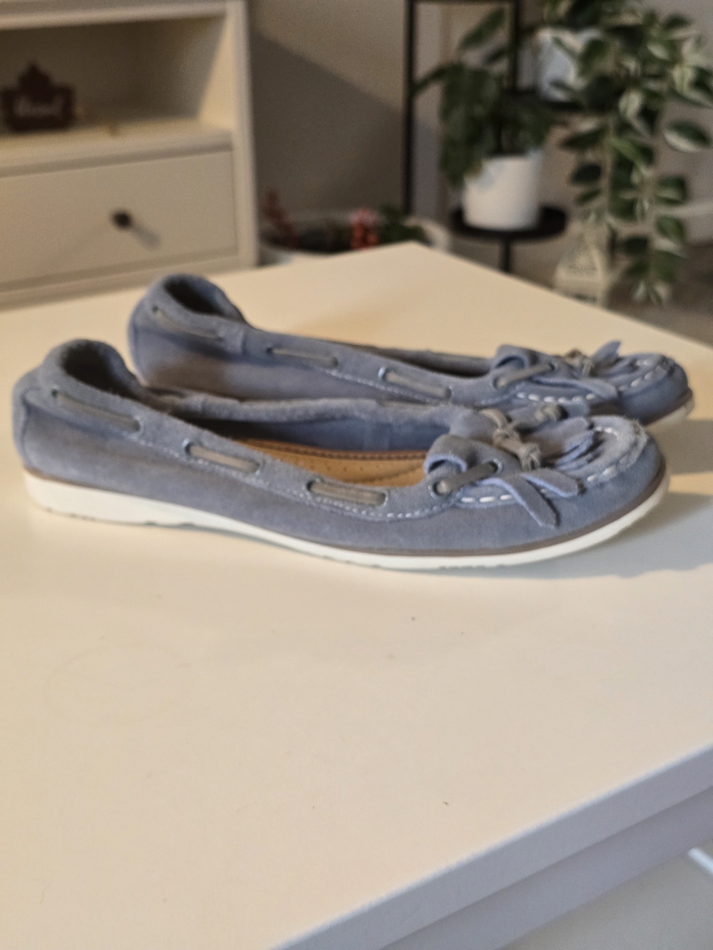 Mark & Spencer Leather Blue Suede Moccasin Flats with Bow Size 40 Eur